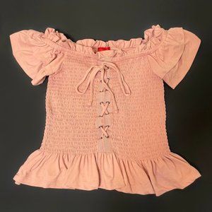 Cottagecore, fairycore pink lace up ruffle top by a brand called “Hot kiss”